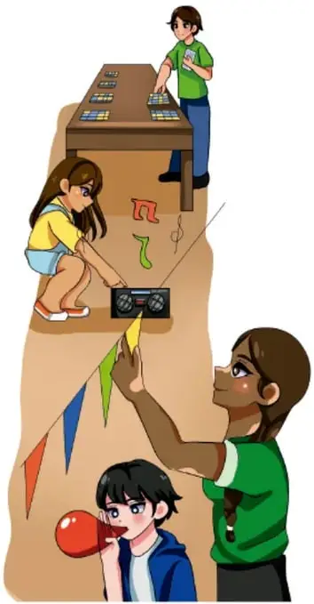 Ilustración de estudiantes en una feria escolar: una mesa con juegos, una niña con un radio, un niño con un globo rojo y otro colocando banderines de colores.