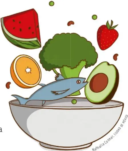 Ilustración de un tazón con pescado, brócoli, sandía, fresa, naranja y aguacate, representando alimentos saludables. Crédito: Natalia Colmar, Cuba de México.