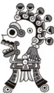 Ilustración de una figura prehispánica estilizada con tocado de círculos, en blanco y negro.