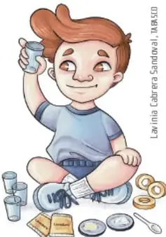Ilustración de un niño sentado observando vasos, platos y comida, con crédito a Lavinia Cabrera Sandoval, TABASCO.