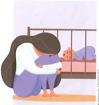 Ilustración de una madre junto a su bebé, con un texto que indica que durante la depresión posparto la madre requiere apoyo y cuidados.