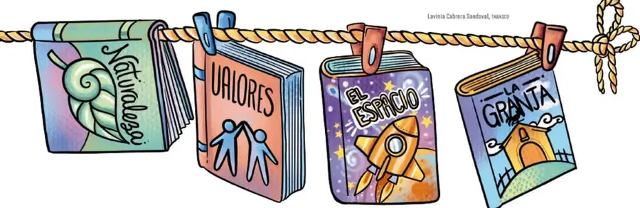 Ilustración de un tendedero de libros: una cuerda amarilla sujeta con un nudo a la derecha, de la que cuelgan cuatro libros con pinzas. Los libros se titulan Naturaleza, Valores, El espacio y La granja.