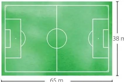 Cancha de fútbol verde rectangular con líneas blancas, etiquetada con 65 m de largo y 38 m de ancho.