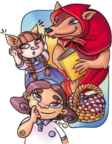 Ilustración de una niña con trenzas y un lobo disfrazado de Caperucita Roja sosteniendo un libro; debajo, una niña con lentes y un canasto de picnic. Representa la revisión de cuentos clásicos.