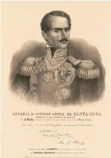 Retrato litográfico del general Antonio López de Santa Anna con uniforme militar y condecoraciones.