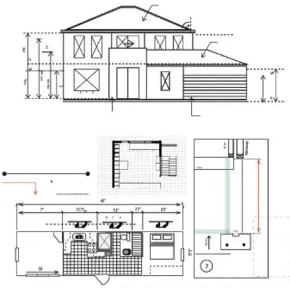 Ilustraciones técnicas de una vivienda que muestran el alzado frontal con cotas de medidas y, debajo, el plano de planta con distribución de espacios y detalles.