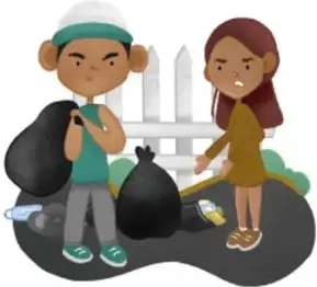 Dos personas barriendo juntas y un gato, en actitud de cooperación y limpieza.