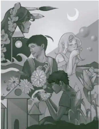 Ilustración en blanco y negro de una familia (padre, madre, hijo e hija) usando dispositivos digitales en un entorno nocturno con luna y plantas. Crédito: Abigail Godoy Araujo, Querétaro.