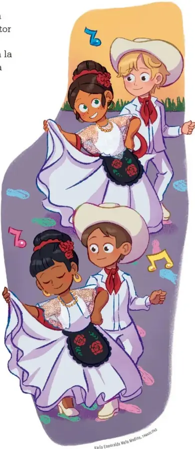 Ilustración de dos parejas de niños y niñas bailando un baile folclórico mexicano; las niñas visten blusas bordadas y faldas blancas con listones, los niños traen pantalón y camisa blancos con moño rojo y sombrero. Alrededor flotan notas musicales y la letra '7'.