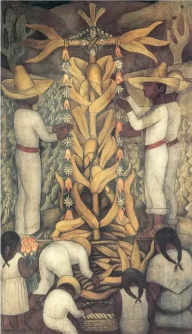 Mural de Diego Rivera, La fiesta del maíz, con campesinos trabajando alrededor de una planta de maíz gigante.