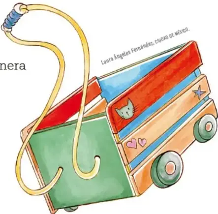 Ilustración de un carro de madera con ruedas, decorado con un gato y corazones, tirado por un cordón.