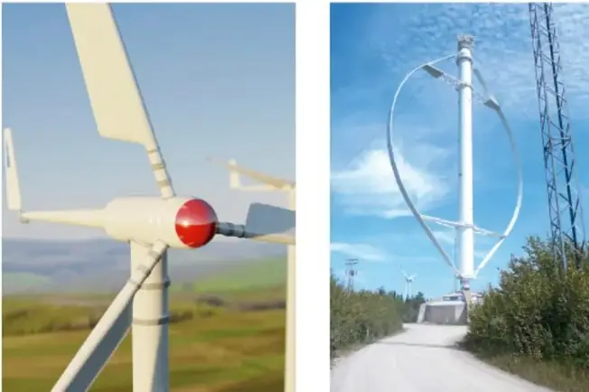 Fotografía de un aerogenerador con eje horizontal instalado en un entorno rural con campos verdes al fondo.