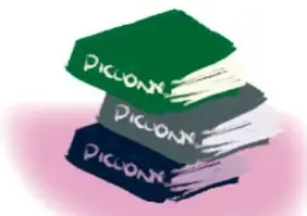 Pila de libros verdes con la palabra 'PICTOON' escrita en el lomo.