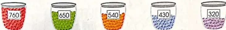 Cinco recipientes muestran los números $760, 650, 540, 430$ y $320$.