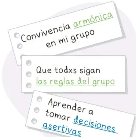 Tres tarjetas con los textos: 'Convivencia armónica en mi grupo', 'Que todxs sigan las reglas del grupo' y 'Aprender a tomar decisiones asertivas'.