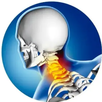 Imagen circular de un cráneo humano en vista lateral con la columna cervical iluminada en tonos naranja y rojo, destacando las vértebras del cuello.