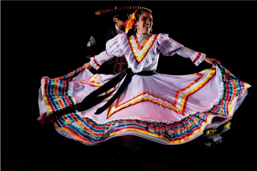 Fotografía de una bailarina mexicana con vestido blanco amplio de listones coloridos, en escena oscura, sonriendo mientras hace girar su falda; al fondo otro bailarín con sombrero.