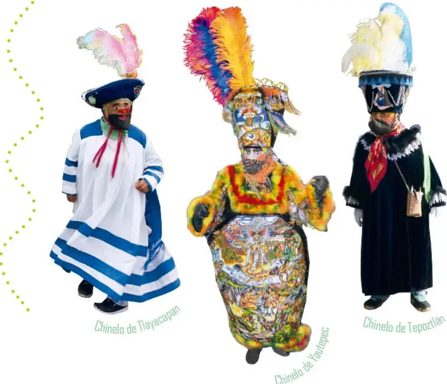 Fotografía de tres chinelos disfrazados: uno de Tlayacapan (traje blanco con franjas azules), uno de Yautepec (traje de muchos colores con bordados) y uno de Tepoztlán (traje negro con capa y sombrero emplumado).
