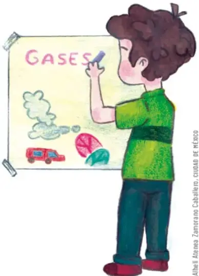Ilustración de un niño de espaldas escribiendo en un pizarrón la palabra GASES, con dibujos de un auto, una nube y formas coloridas.