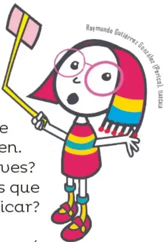 Ilustración de una niña con lentes, bufanda a rayas y vestido de colores que sostiene un palo de autorretrato (selfie); obra de Raymundo Gutiérrez González (Pérfico) Paxcu. En el margen izquierdo hay una columna de pequeños adornos con iconos.