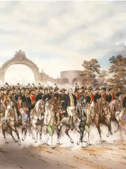 Pintura que representa la entrada del Ejército Trigarante a la Ciudad de México, con jinetes y un arco monumental.