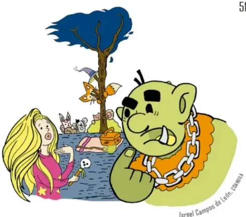 Eloísa transformada (rubia, vestido rosa) conversa con Osis el Ogro, verde y furioso con cadena dorada, junto a un árbol de copa azul; al fondo se ven animalitos y una cesta.