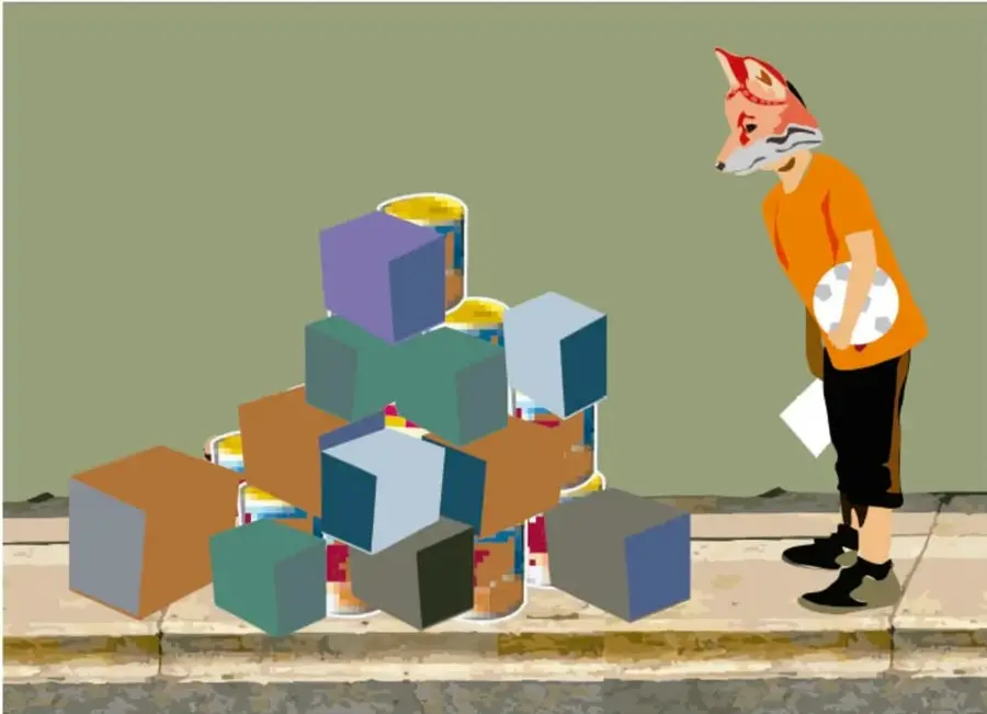 Ilustración de una persona con máscara de zorro observando una pila de cajas de colores y latas sobre una banqueta.