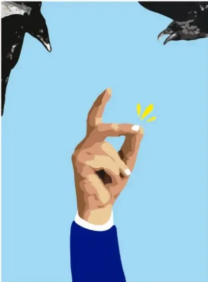 Ilustración de una bandada de aves azules y blancas volando en distintas direcciones.