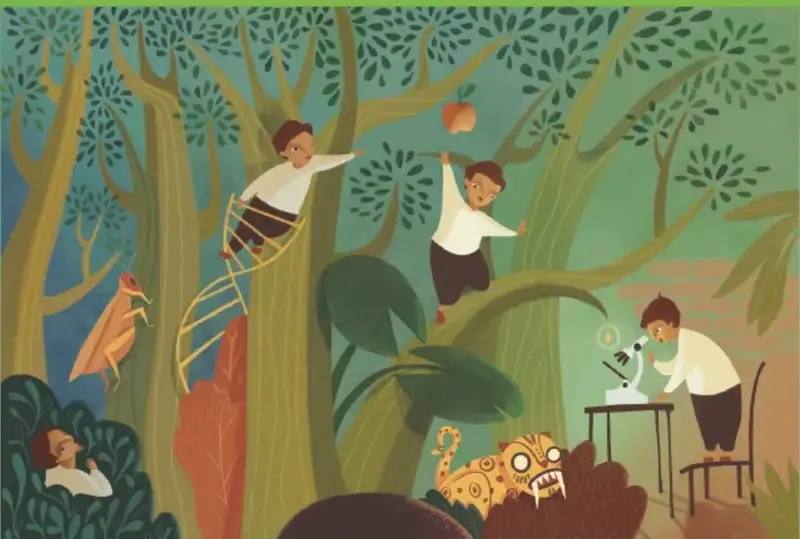Ilustración de estilo infantil con árboles altos, hojas grandes y varios niños: uno sube una escalera de cuerda, otro sostiene un fruto, una niña usa un microscopio sobre una mesa, un niño lee recostado entre las plantas y un jaguar asoma entre la vegetación.
