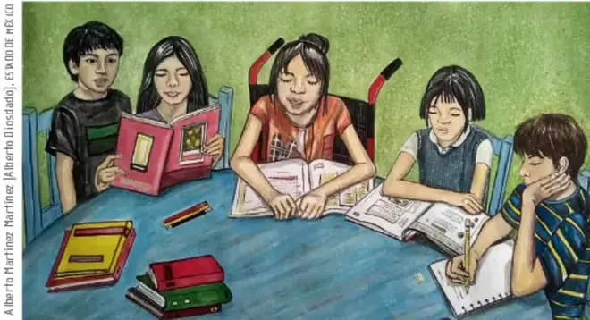 Ilustración de cinco niños reunidos alrededor de una mesa leyendo libros y escribiendo en sus cuadernos (crédito: Alberto Martínez / Alberto Díaz delgado, ESMUV DE IDE Ed. 4.0).