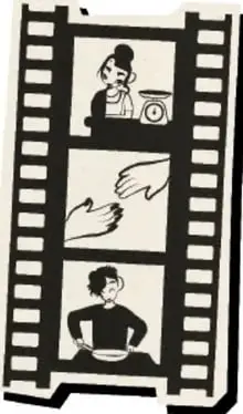 Tira de película con tres escenas: una persona frente a una cámara, manos grabando con celular y una persona sentada con una computadora.