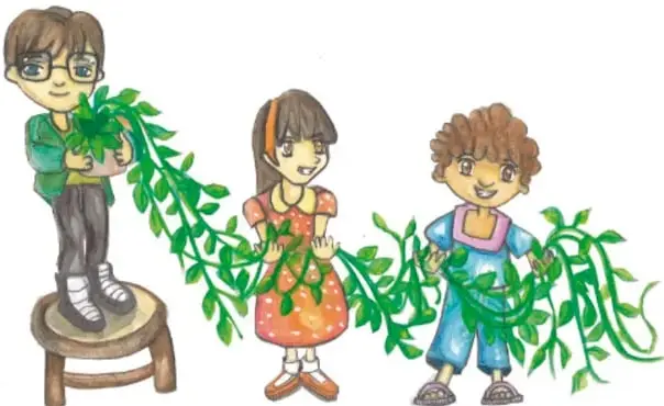 Ilustración de tres niños (uno subido en un taburete) sosteniendo enredaderas y hojas verdes; créditos a María del Rosario Escobar García, Jalisco.