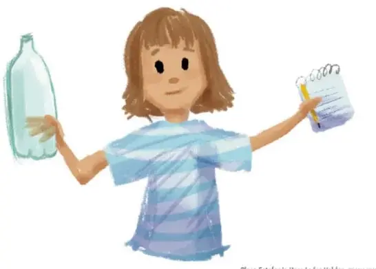 Ilustración de una niña con cabello castaño y playera azul que sostiene una botella grande de agua en la mano derecha y una libreta con lápiz en la mano izquierda.