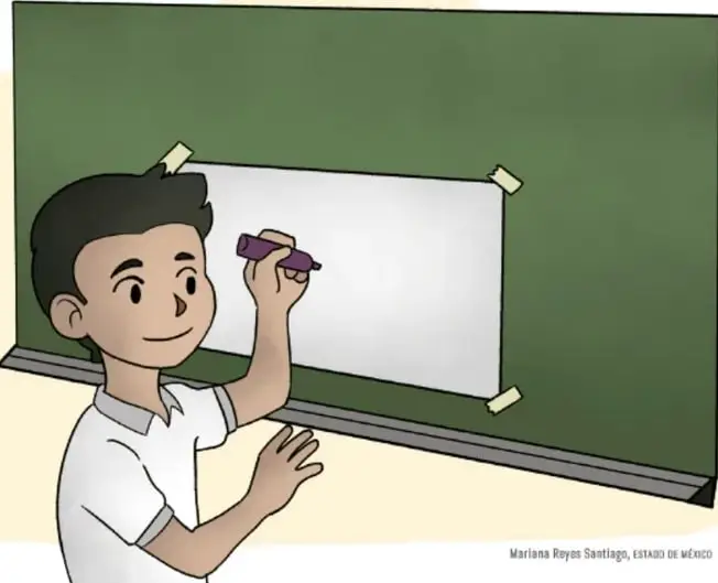 Ilustración de un estudiante de primaria escribiendo o pegando un papel en un pizarrón verde, con un plumón morado en la mano.
