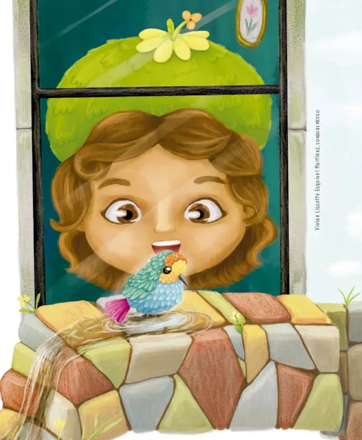 Una niña de cabello castaño y gorro verde mira sonriente a un pajarito azul y verde posado sobre un muro de piedra de colores, junto a una ventana con agua cayendo.