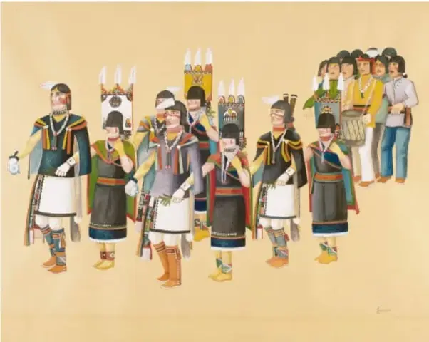 Ilustración a color titulada «Danza de la serpiente hopi»: bailarines con faldas blancas y negras, tocados altos con plumas y collares, en fila.