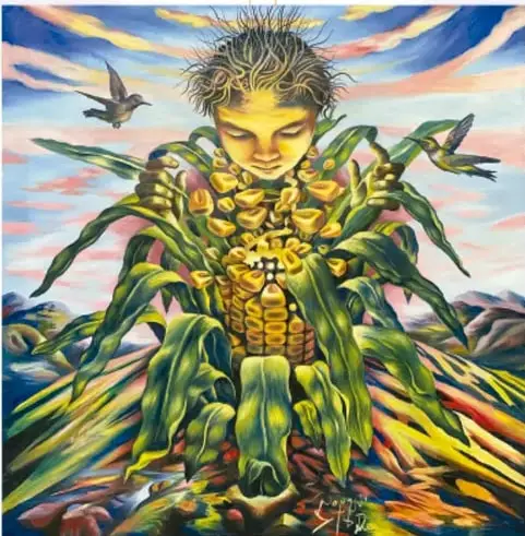 Ilustración de un niño con cabello de raíces rodeado de mazorcas de maíz y aves, sobre un paisaje de colores vivos.