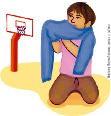 Ilustración de Miguel, un niño con playera rosa que se cubre con un suéter azul, junto a un aro de básquetbol.