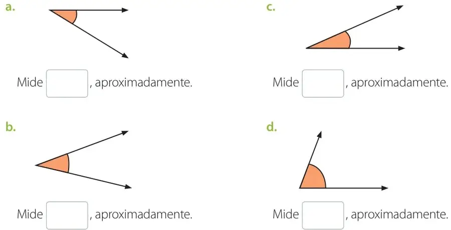 Ángulo agudo con vértice a la izquierda, rayo horizontal hacia la derecha y rayo descendente hacia la derecha; sector coloreado en naranjo.
