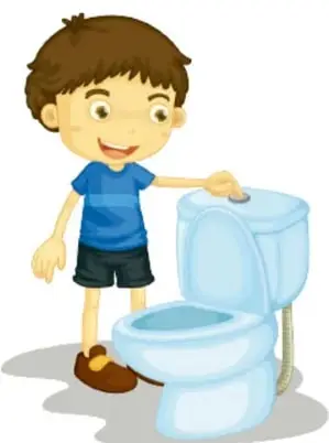 Ilustración de un niño junto a un inodoro azul, señalando la cisterna, para acompañar el texto sobre el consumo de agua.