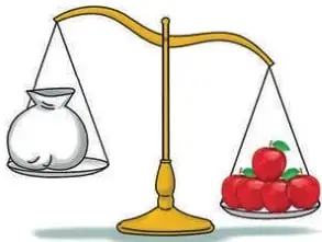Dos balanzas: la de 5.a equilibrada con una bolsa y 3 manzanas rojas; la de 5.b inclinada hacia la bolsa con 4 manzanas visibles.