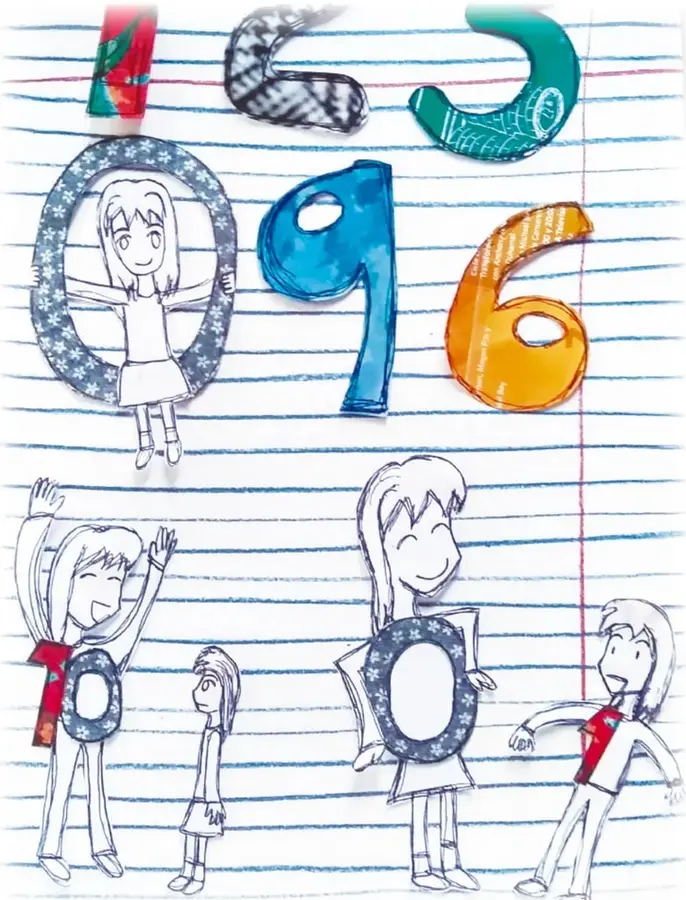 Cifras recortadas de colores 1, 2, 3, 4, 5, 6, 7, 8, 9 sobre un cuaderno rayado; una niña abraza la cifra 0.