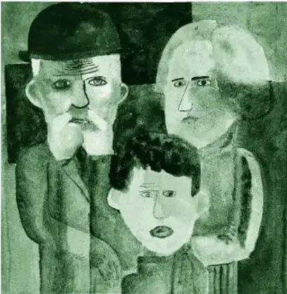 Pintura (impresa en tinta verde) de tres figuras de frente: un hombre mayor con sombrero, barba blanca y traje; una mujer madura de cabello corto con vestido, y un niño con camisa al centro; los adultos apoyan las manos en los hombros del niño; paleta en verdes y tonos oscuros.