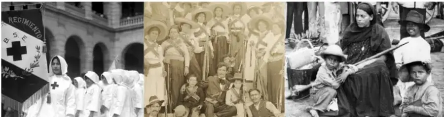 Columna de enfermeras con uniforme blanco y brazalete de cruz roja, portando un estandarte que dice 'Regimiento'.
