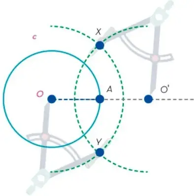 Construcción de semicircunferencias con centros O y O' que se cortan en X y Y.