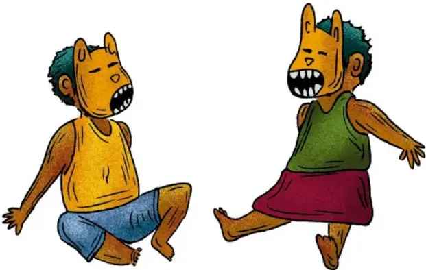 Ilustración de dos personajes con máscara de animal (estilo Luis Fernando Sotelo Gaspar, Querétaro) conversando o jugando, uno sentado y otro de pie con los brazos extendidos.