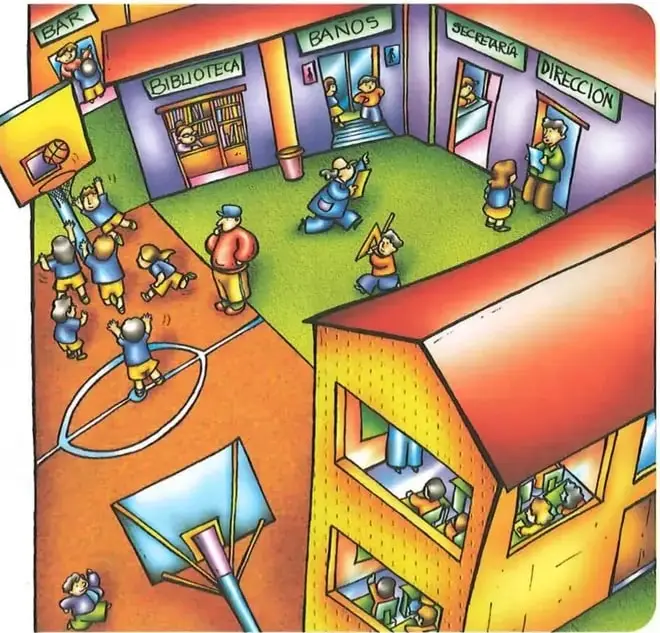 Ilustración de una escuela con espacios como bar, biblioteca, baños, secretaría y dirección; se observan estudiantes realizando actividades y conviviendo.