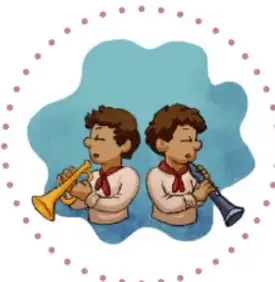 Recuadro con la misma pareja de músicos en miniatura, dentro de un círculo punteado.