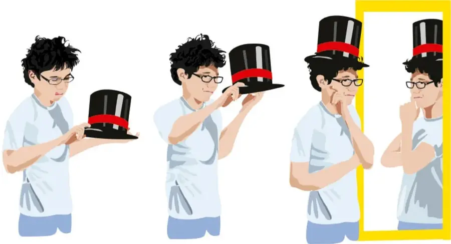 Un personaje de pelo negro y lentes: primero mira el sombrero negro con banda roja entre sus manos; luego lo levanta con las dos manos; al final se lo pone y se mira pensativo frente a un espejo con marco amarillo.