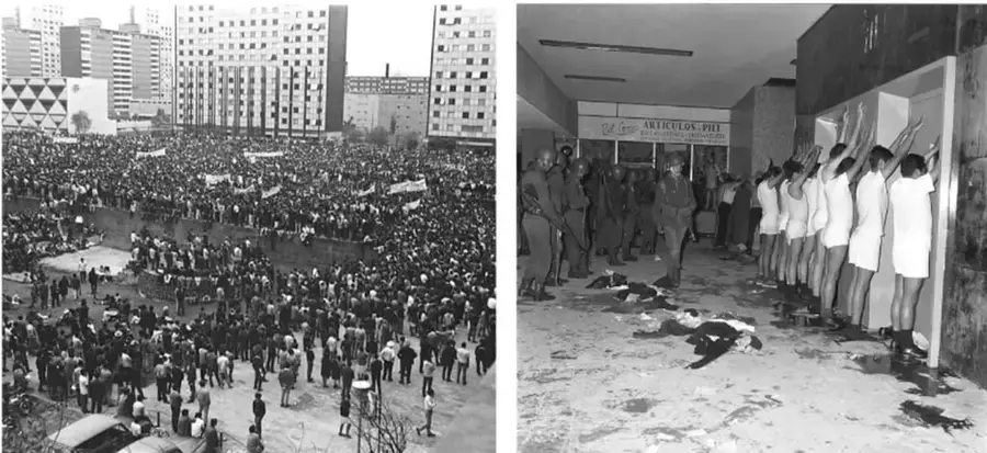 Fotografía en blanco y negro de una gran multitud reunida en la Plaza de las Tres Culturas durante el mitin estudiantil.